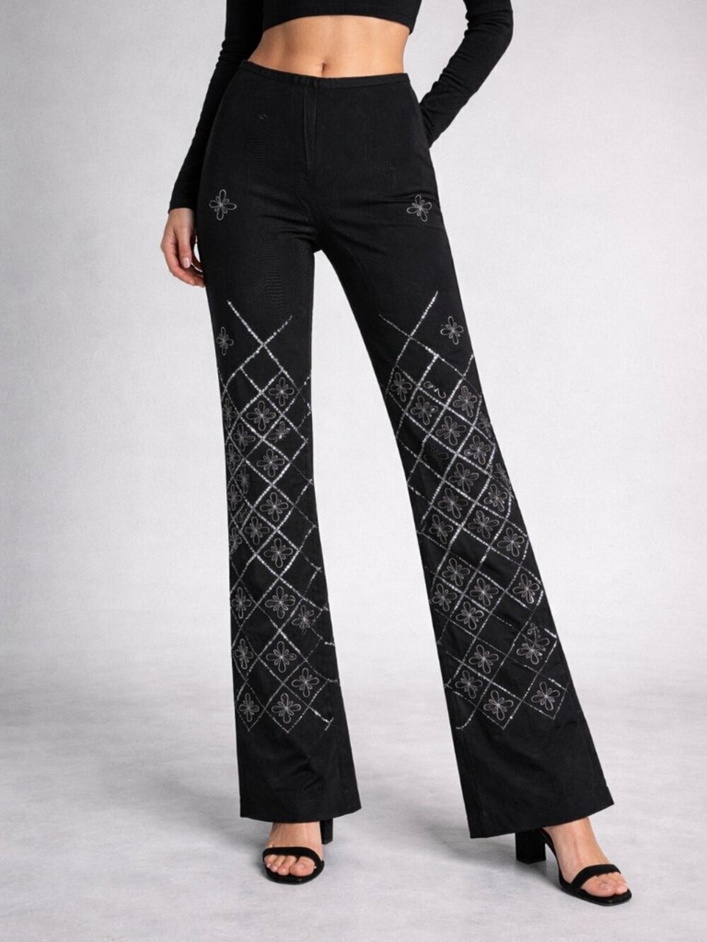 Vintage Cache Black Flare Pants Sequin Embroidered Cutouts Long Tall 6